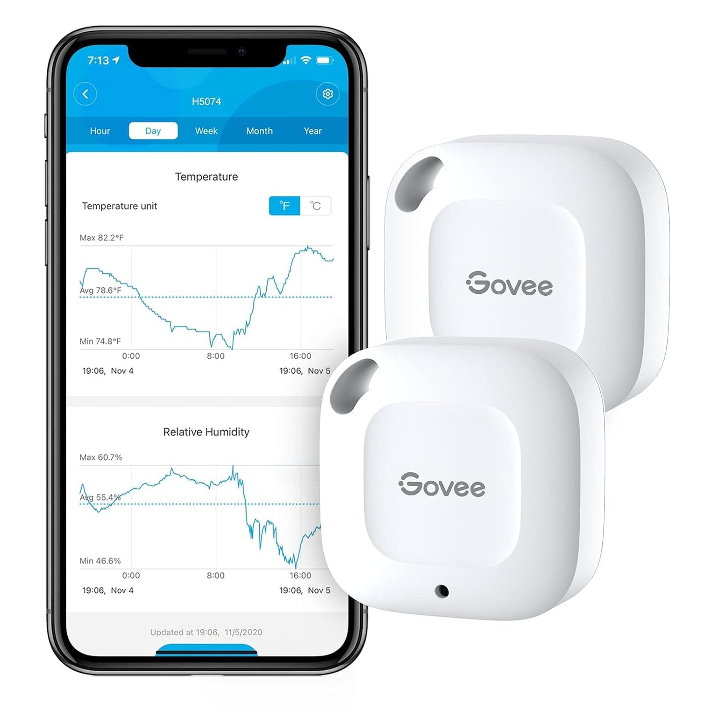 Govee Smart Bluetooth Thermometer Hygrometer H5074, Mini Humidity Sensor | Monitor temp/humidity with alerts, 262ft range. Export 2-yr data, precision sensor, portable. For greenhouse & incubators