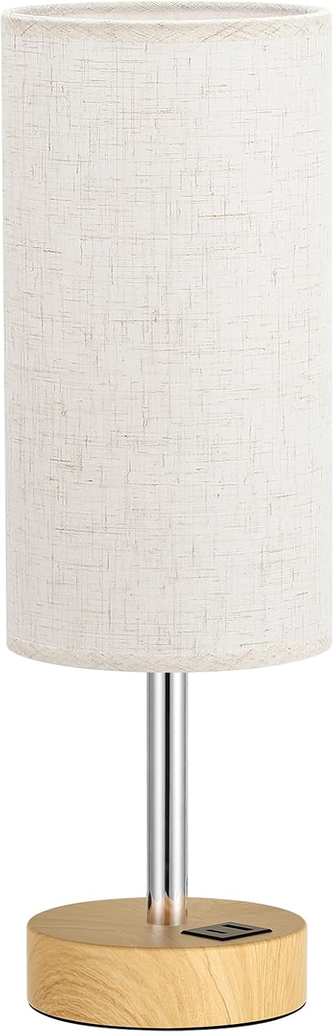 Dicoool Bedside Table Lamp for Bedroom - 3-Way Dimmable Touch Lamp, USB A+C | LED Bulb Included, 14" Small Nightstand Lamp for Desk, Living Room, Guest Room, Cream Fabric Lampshade, Wood-Grain Metal Base