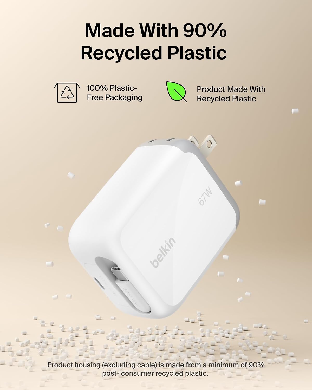 Belkin 67W GaN USB C Retractable Charger Block Fast Charging for Travel | 3.3ft Retractable Cable, USB C Port, iPhone 17, Galaxy S26, AirPods, iPads, MacBook, Travel Charger, Charge Up to 2 Devices