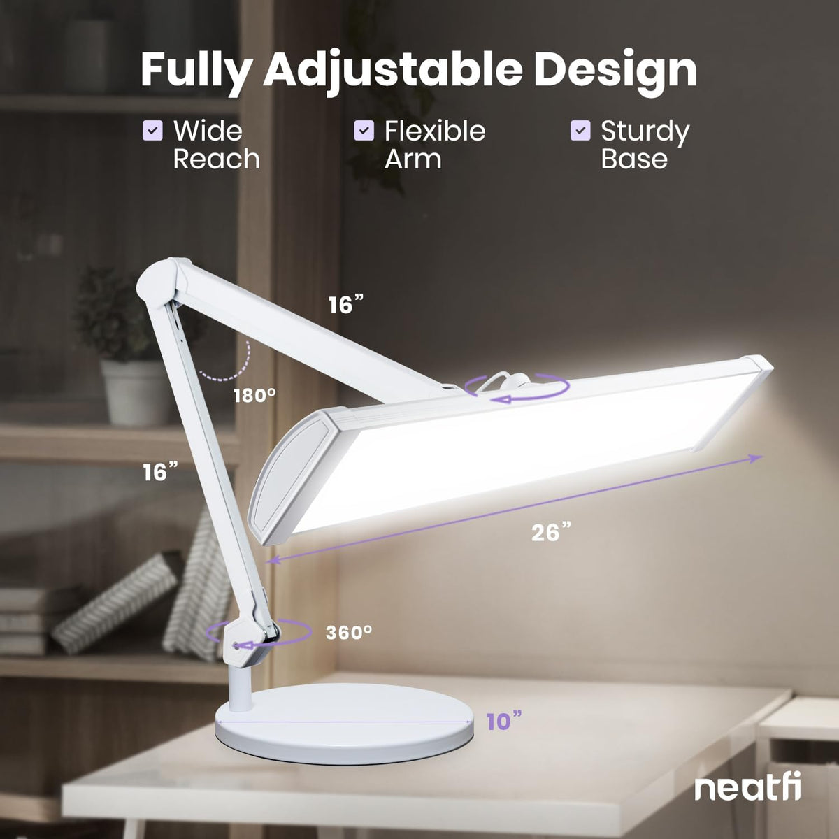 Neatfi 3,500 Lumens LED Desk Lamp with Base – 45W Dimmable | CCT - Adjustable Color Temperature | 3 Light Modes | 540 SMD LEDs | Reading, Craft, Workbench & Office (White-4, 26-Inch Wide Shade)