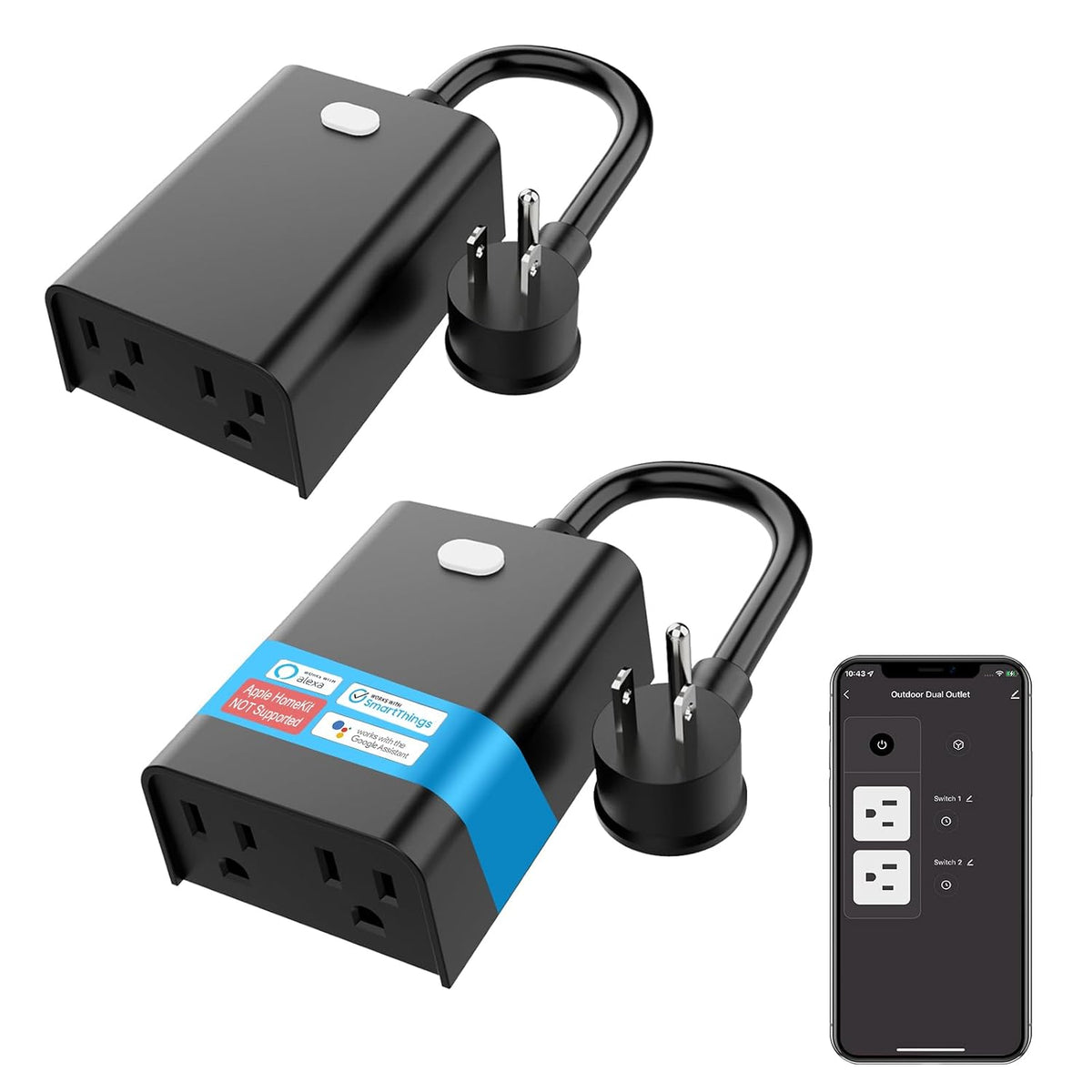 New One Outdoor Smart Plug, 2.4G WiFi Outdoor Outlet with Dual Outlets, Compatible with Alexa, Google Home, Smart Life, Wireless Voice Remote Control, IP65 Waterproof, 125V 15A ETL FCC Certified