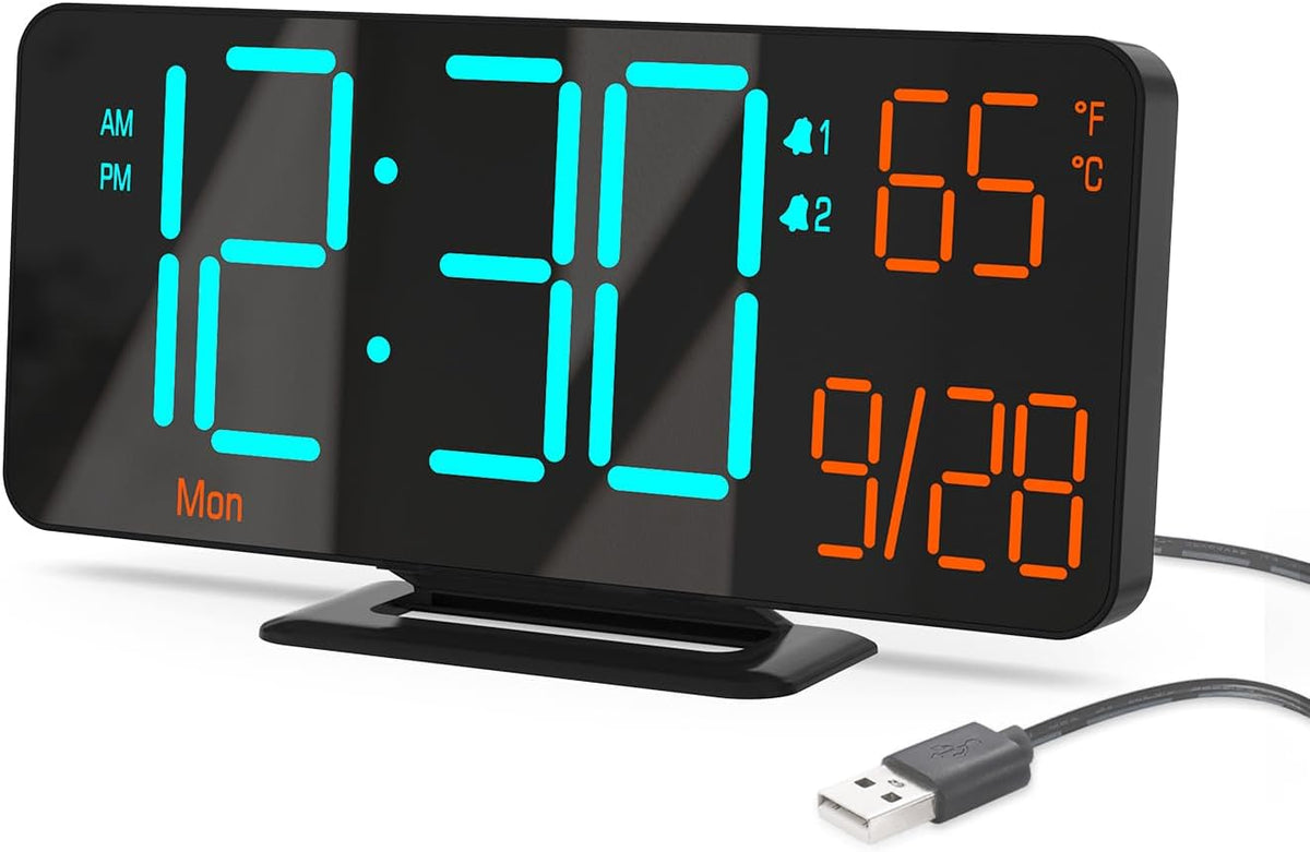 KOSUMOSU Digital Alarm Clock, 6.7in Digital Clock for Bedroom, Auto Dimming, Room Temperature, Day of The Week, Seconds, Date, Desk Clocks for Living Room, Alarm Clocks for Bedrooms
