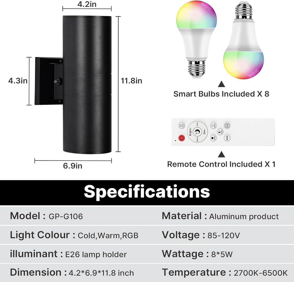 RGBCW Outdoor Wall Light 4 Pack, Smart Porch Light Dusk to Dawn Lighting with Remote Control, WiFi Outdoor Wall Sconce, Compatible with Alexa, Exterior Lights for House Porch Garage