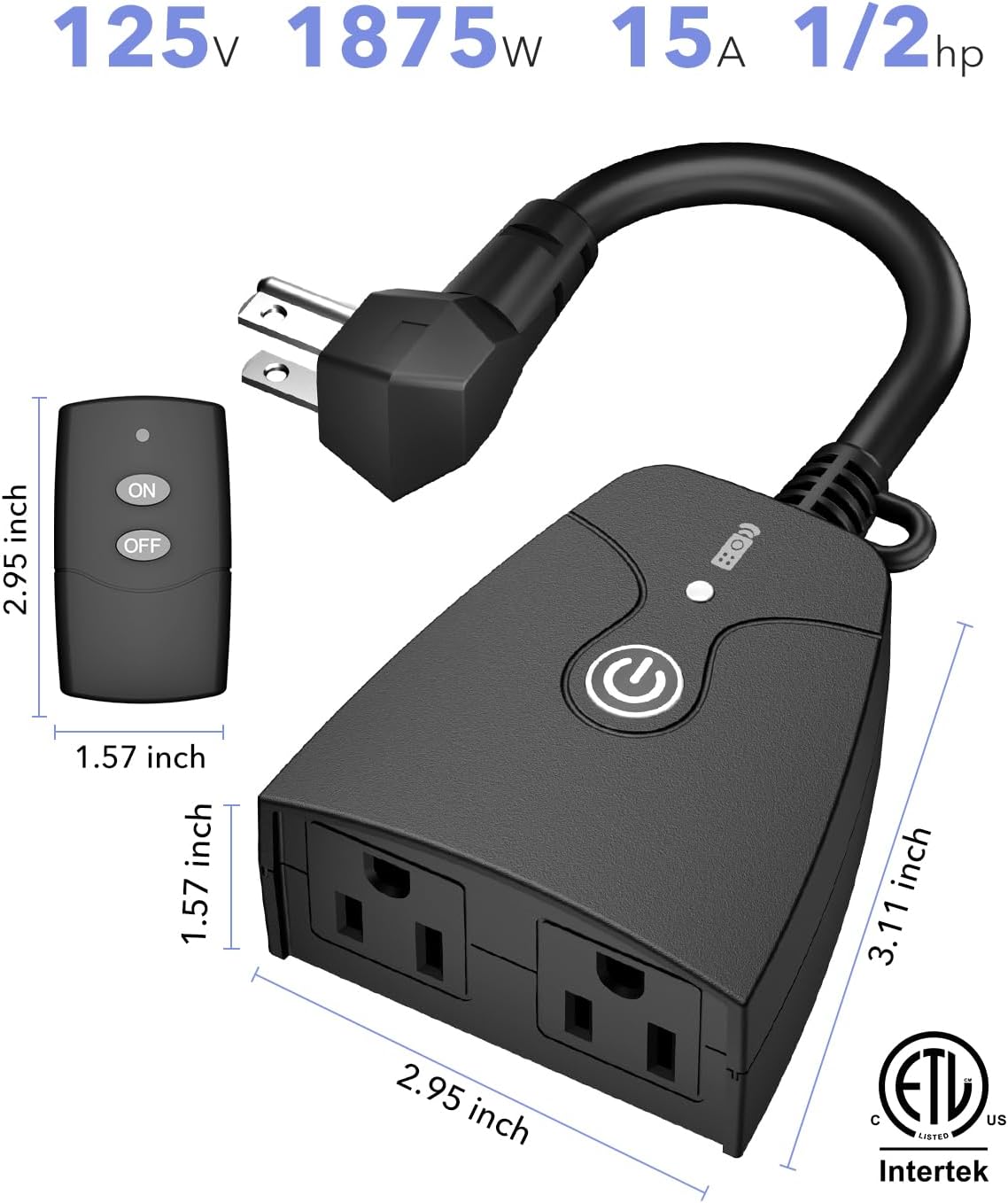 HBN Remote Control Outlets Outdoor Waterproof Indoor Wireless Light Switch | 3-Prong Dual Plugs In On Off Remote Outlet with 1 Outlet 1 Remote (Battery Included),6 Inch Cord, 100FT,15A/1875W, ETL Listed