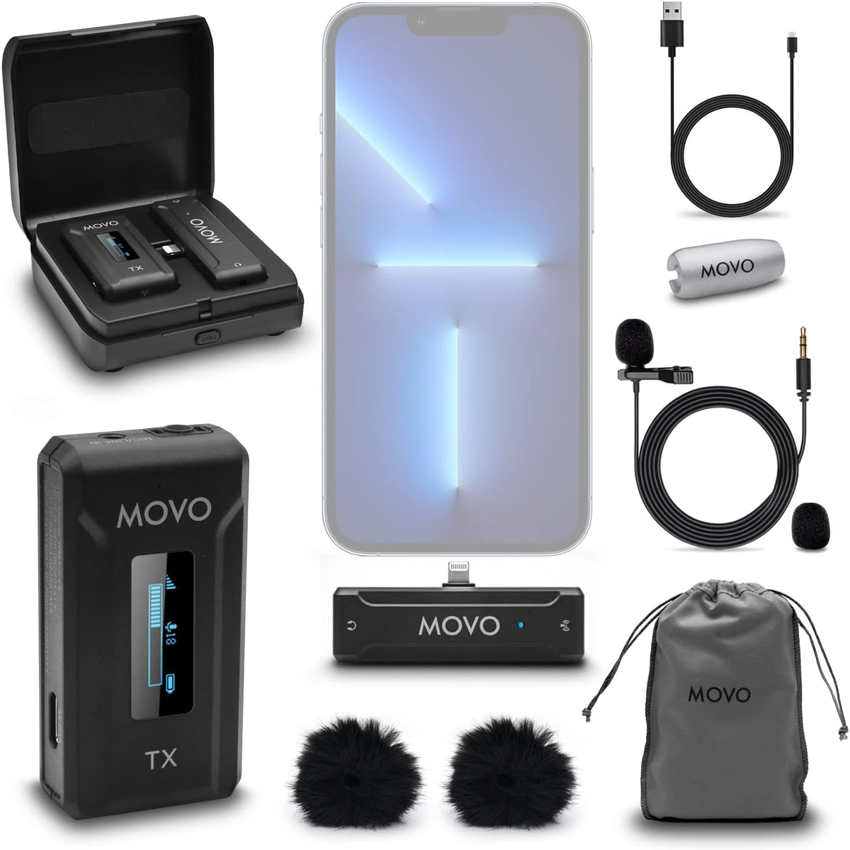 Movo WMX-2-L-DUO Wireless Microphone for iPhone with Charging Case, Lightning Connector, 328ft Range, 7hr Battery Life
