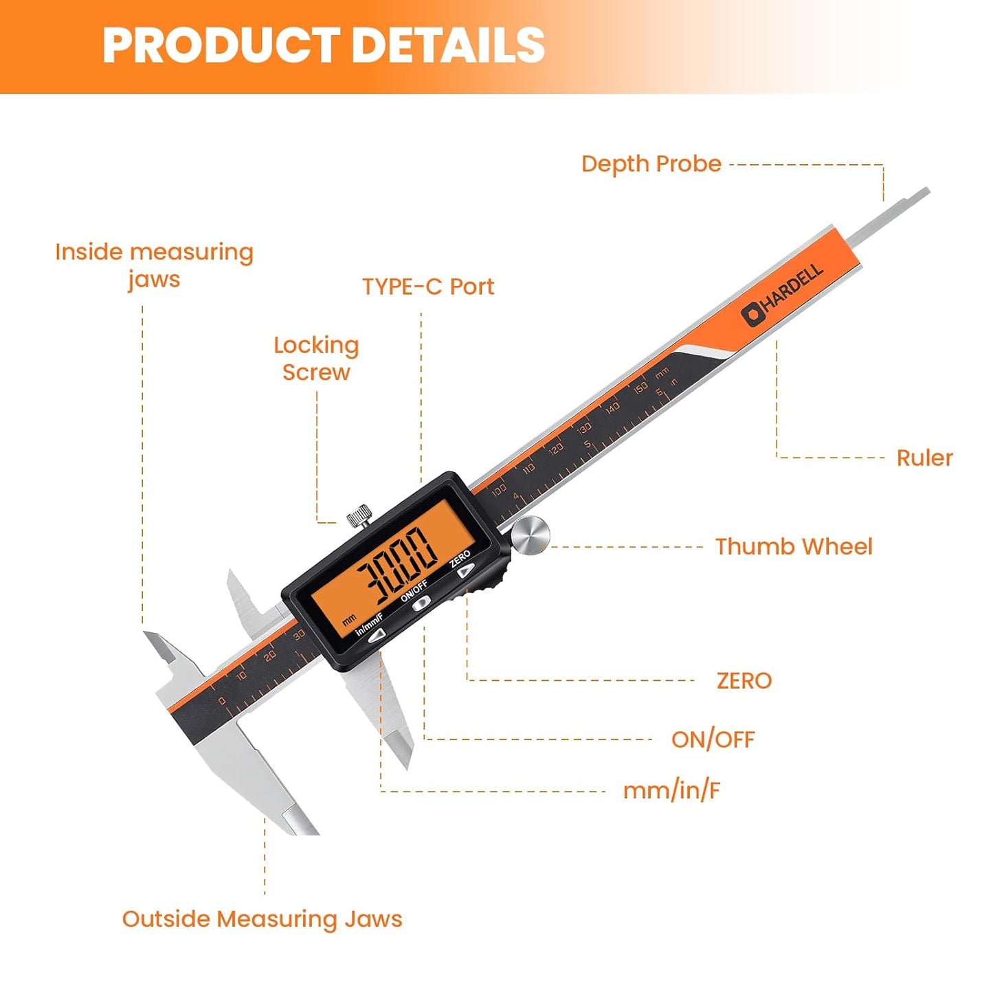 HARDELL Digital Caliper 6 Inch with Orange LCD, USB-C Calipers, Non-Backlit | Easy-read Orange LCD, Stainless Steel & USB-C Micrometer, Inch/mm/Fraction, Auto-Off. For DIY, 3D Printing, Hobbies