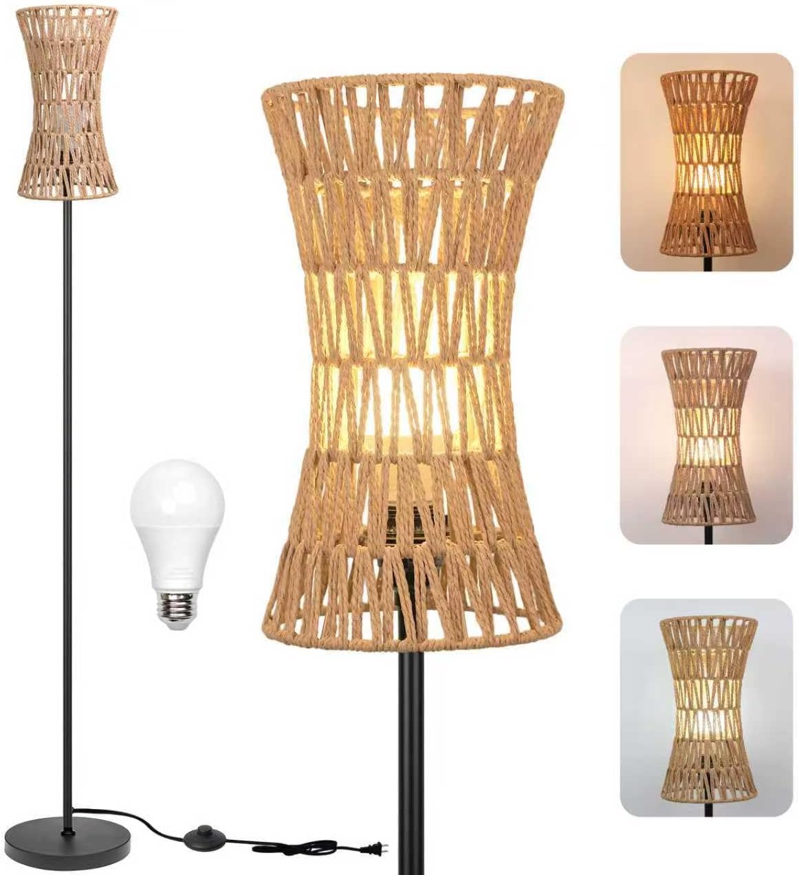 Ruiever Floor Lamp for Living Room,Farmhouse Floor lamp,Modern Standing lamp with Hand-Worked Rattan Shade (Square Rattan Shade Body Gold Color-3 Color Bulb)