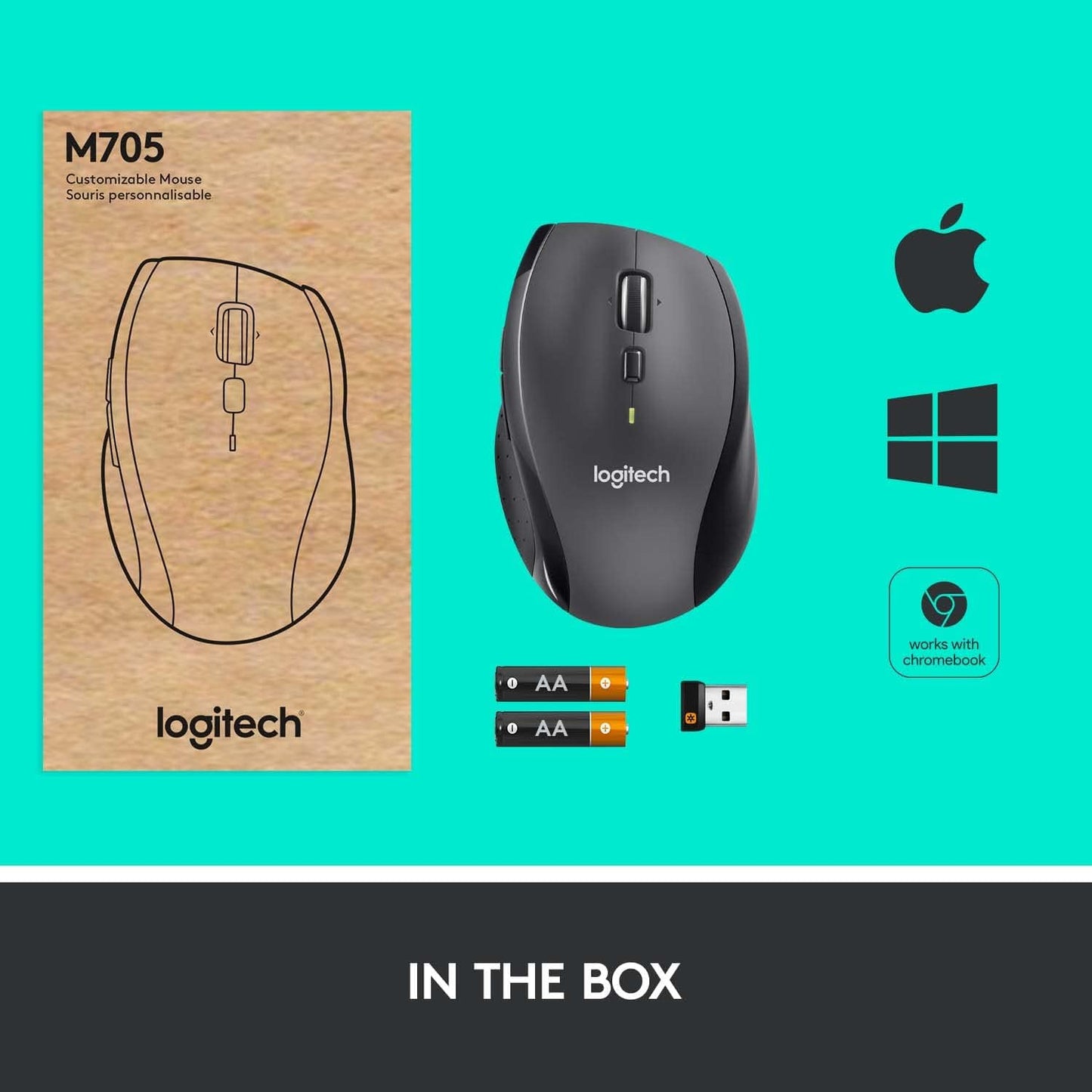 Logitech M705 Marathon Full Size 2.4 GHz Wireless Mouse - Black | Hyper-fast wheel, USB-A Nano Receiver, 5 customizable buttons, Windows Mac Linux compatible, certified for Chrome