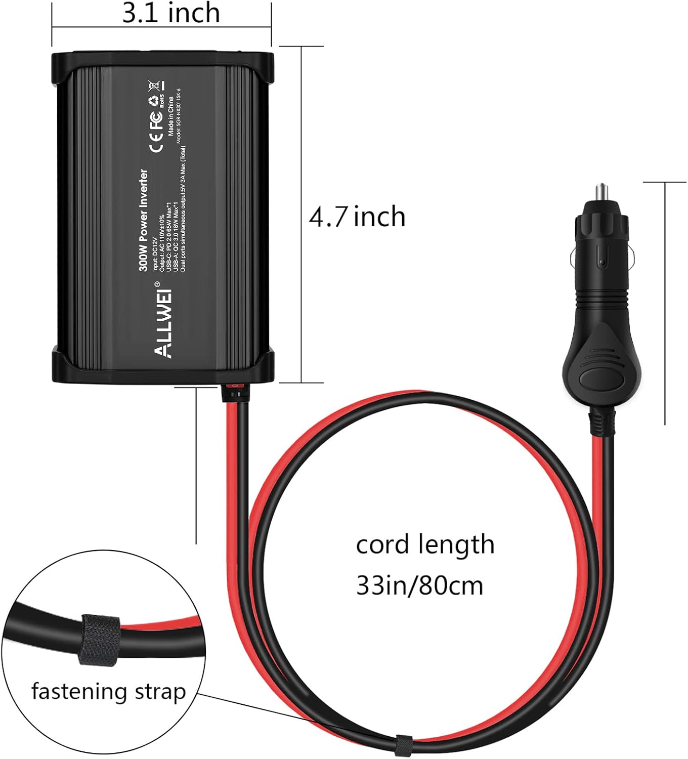 ALLWEI 300W Car Power Inverter 12V DC to 110V AC Car Inverter-Black | with 27W PD USB-C&18W USB-A Fast Charging, Car Charger Cigarette Adapter for Phone, Laptop and Small Devices on Road Trip