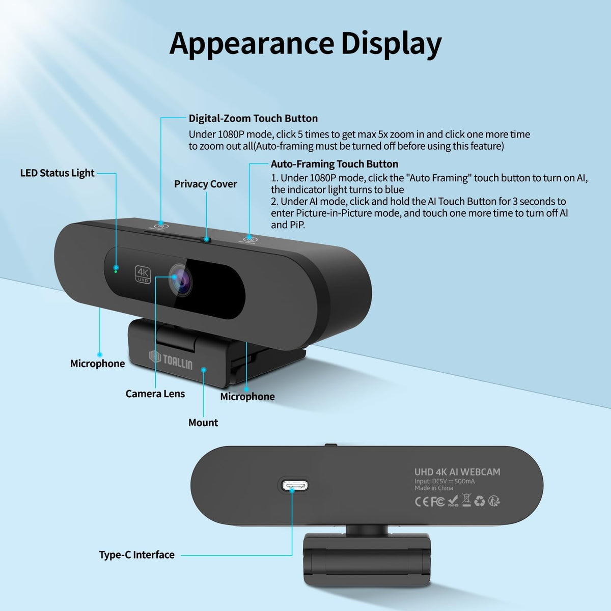 TOALLIN 4K Webcam for PC, Auto Tracking & Framing, 5X Zoom, Dual Mic
