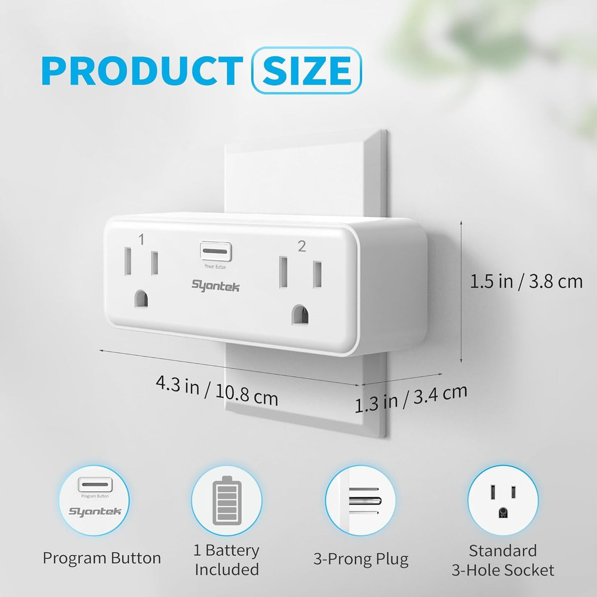 Syantek Remote Control Outlet with 2 Independent Control Sockets, Wireless Remote Light Switch Set, Remote Outlet Plug Up to 100 FT Range, 15A/1875W, White (1 Outlet + 1 Remote)