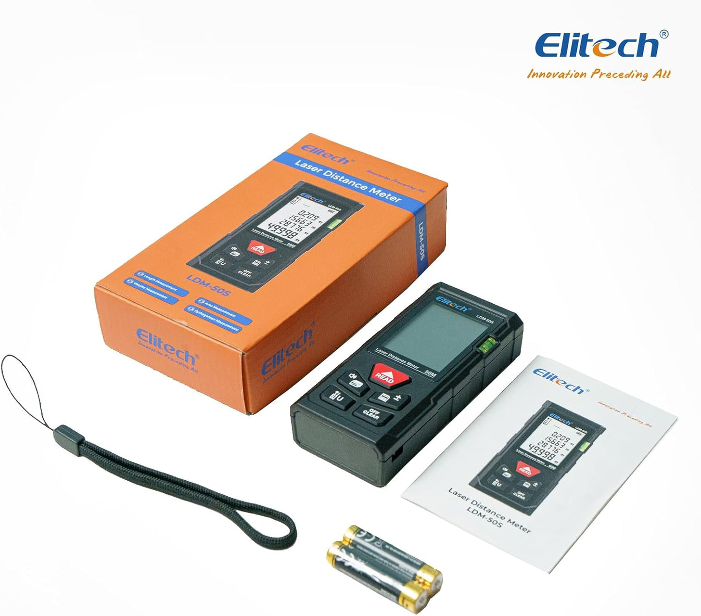 Elitech Laser Tape Measure, 165ft Laser Distance Meter with Bubble Level | 6 Measurement Modes, 99 Measurement Memory, Backlit LCD, M/in/ft Unit Switching, Simple Button Control