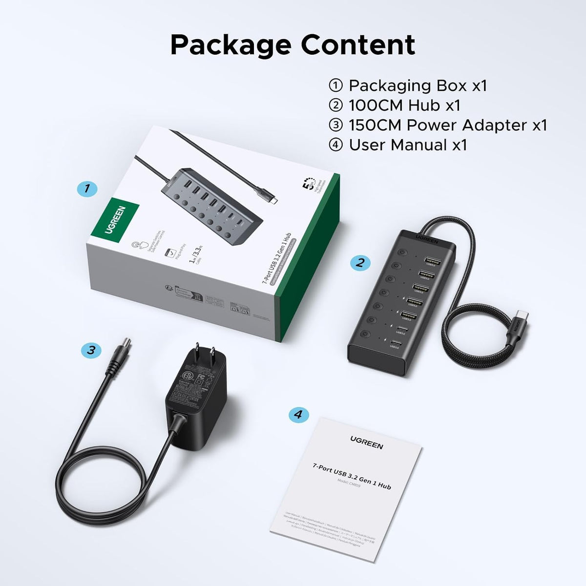 UGREEN 7-in-1 Powered USB C 3.0 Hub, 7 Ports, 5xUSB-A and 2xUSB-C, 5Gbps