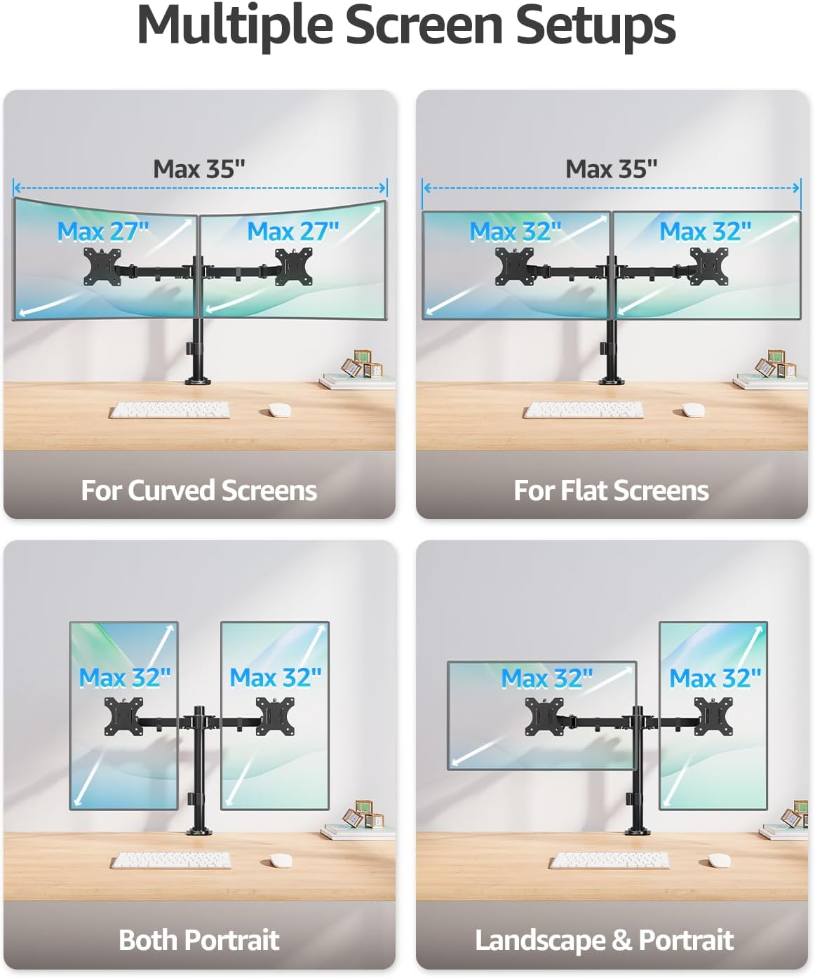 MOUNTUP Dual Monitor Desk Mount, Max 32 Inch up to 17.6lbs, Fully Adjustable Dual Monitor Arm for 2 LCD Screens, Double Monitor Stand with C-Clamp and Grommet Base