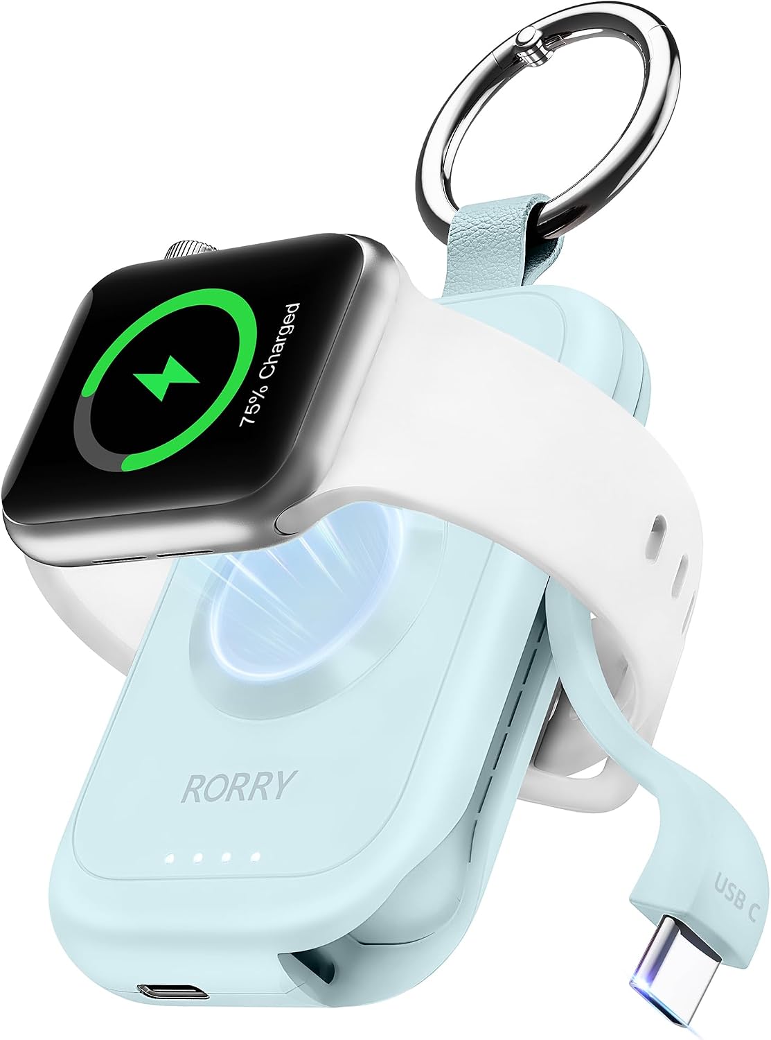 RORRY CharmGo for Apple Watch Charger, 2500mAh Portable Charger for iWatch | Fast Charging Travel Keychain Charger with Built-in USB C Cable for Apple Watch Ultra Ultra Series 11 10 9 8 7 6 3 2