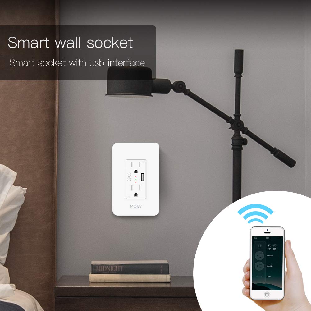 MOES Smart in-Wall Outlet, USB-A, 15A, 2.4GHz WiFi, No Hub Required | Smart Life/Tuya APP Remote Control, Works with Alexa and Google Assistant for Hands-Free Voice Control
