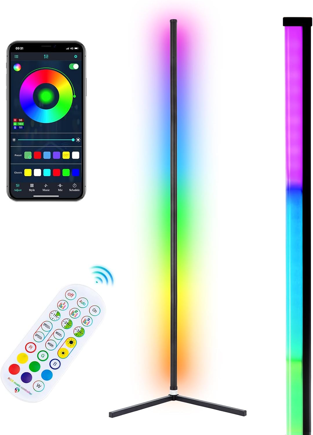 WISIMMALL 2PCS RGB Corner Floor Lamp, 64.5" RGB Color Changing Mood Light Bluetooth APP and Remote Control Music Sync LED 398 Dimmable Modes Modern Floor Lamp for Living Room, Light Timing