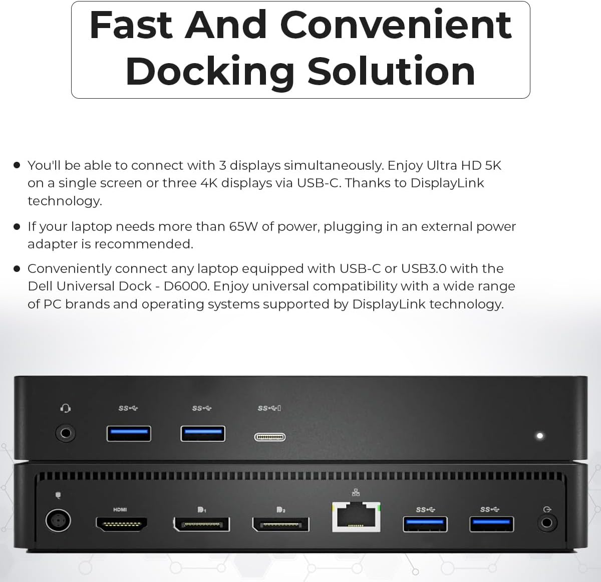 D6000 Dell Docking Station Dual Monitor - USB C Universal Dock with 130W Adapter, HDMI, DisplayPort, USB-C Cables - Supports 4K Display (Renewed)