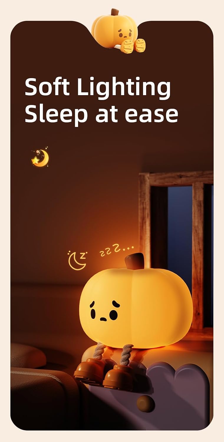 ATSUI Pumpkin Night Light, Halloween LED Squishy Novelty Lamp, Food Grade Silicone, Dimmable, Rechargeable Breastfeeding Nursery Nightlight for Desk Decor, Funny Gifts Stuff for Kids Women Boys Girls
