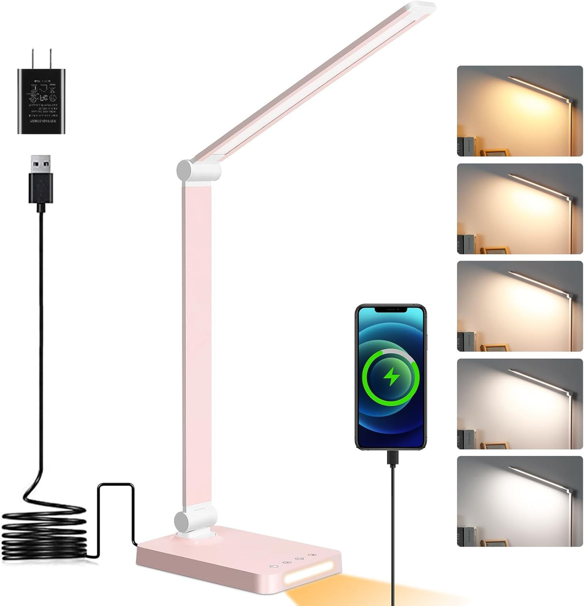 Dott Arts LED Desk Lamp with USB Ports,Touch Desk Lamps for Home Office with 5 Color Modes,3 Brightness Desk Light with Small Night Light,Reading Lamp Table LED Lamp for Bedroom Bedsid Study Sliver