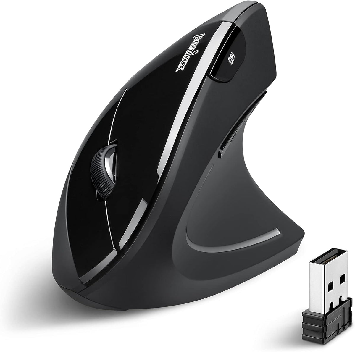 Perixx PERIMICE-713R Wireless Rechargeable Vertical Mouse - Duo Wired and Wireless Charging Feature - 6 Buttons Design - Black - Right-Handed Design