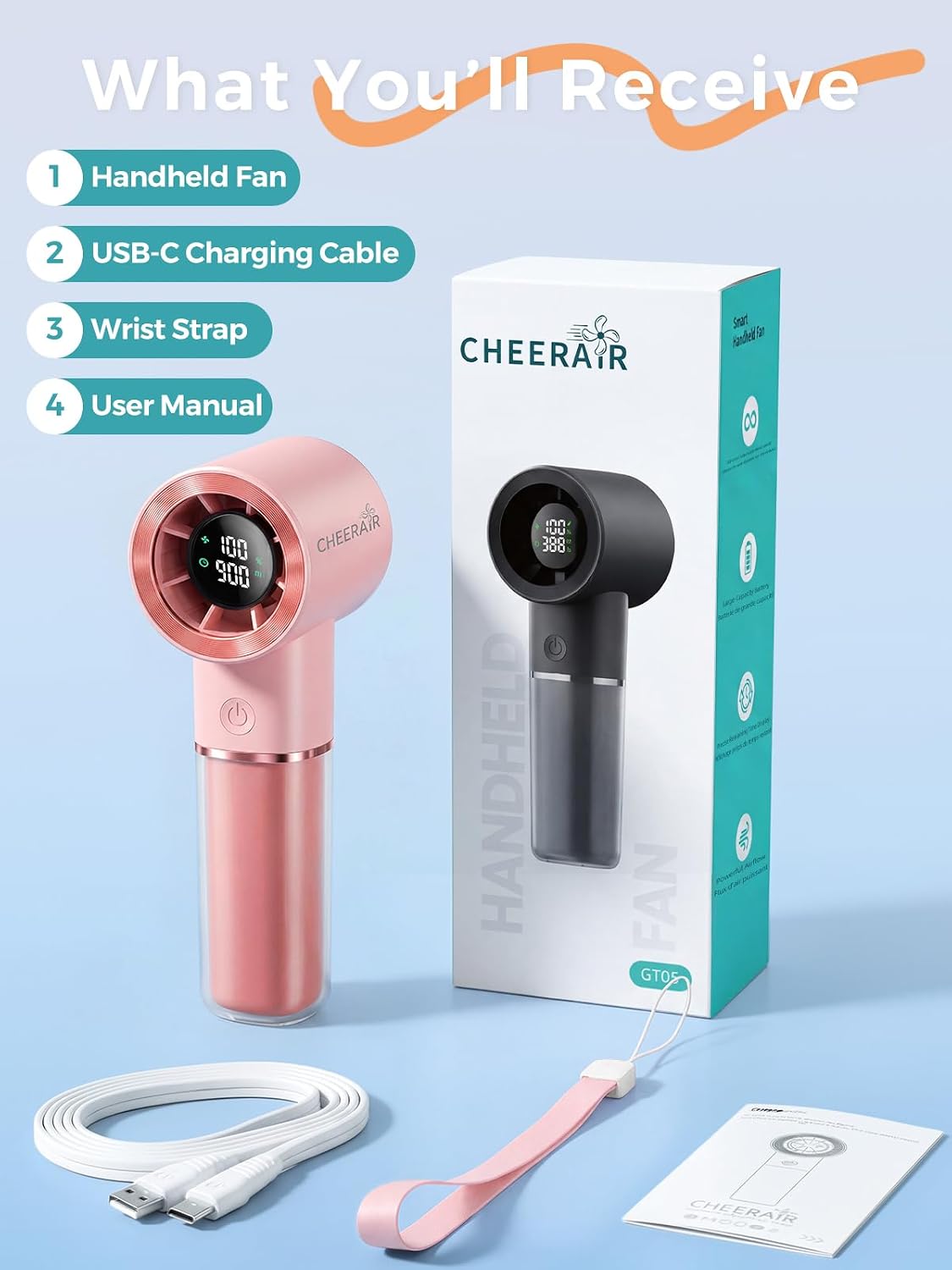 Handheld Portable Fan, 6-Speed Rechargeable Powerful Mini Fan | 5000mAh Battery Up to 15 Hours Runtime, Smart LED Display, Pocket Turbo Personal Fan for Travel, Camping, Makeup
