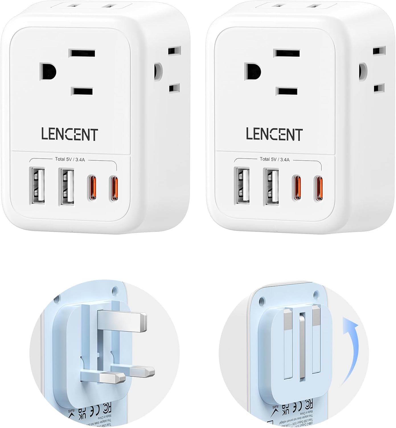 LENCENT Foldable US to UK Ireland Plug Adapter, Type G Travel Adapter | with 4 USB Charger(2 USB C), Power Adaptor for USA to Scotland Dubai Hong Kong England British Kenya London