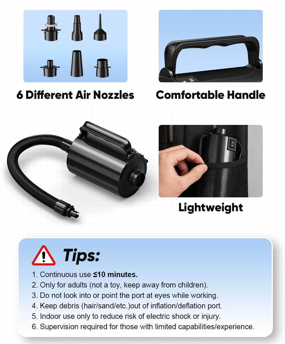 Electric Air Pump with Hose for Inflatables, High Power Inflator Deflator Blow Up Pump with 6 Nozzles, Pool Toy Float Pump for Pool Floats, Air Mattress, Toys, Gym Mat, 320W, 1.5PSI, 120V AC
