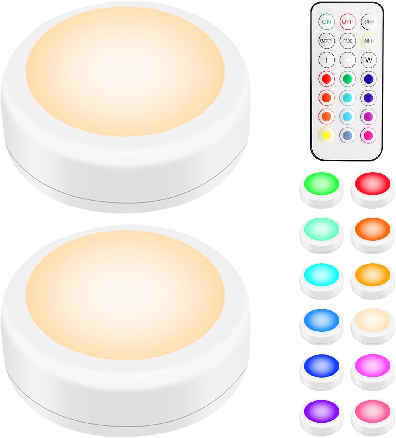 BLS LED Puck Lights with Remote Control, Wireless Under Cabinet & Closet Lighting, RGB 13 Color Changing Lights with Dimmer, Timer & AA Battery Operated, Push, Touch, Stick on for Night, Black, 6 Pack