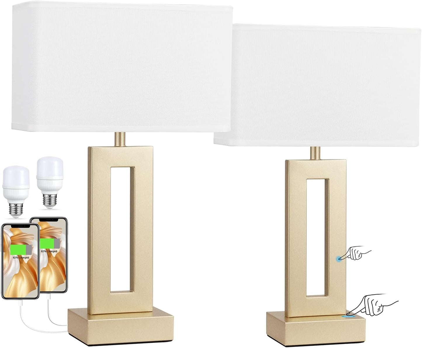 Gold Table Lamps Set of 2, 16.4" Bedside Lamps for Nightstand with USB C+A | 3 Way Dimmable, Touch Night Stand Lamp with Charging Station for Beroom, Dorm, Living Room, Desk, LED Bulb Included