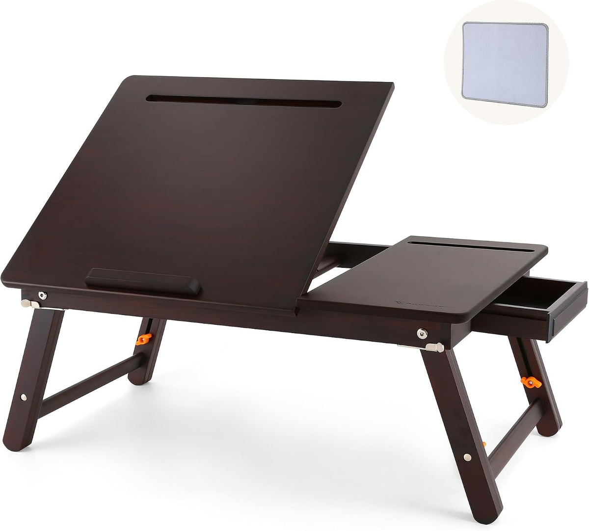 Nnewvante Laptop Desk with Fan 7 Angles & 4 Heights Adjustable,Black Walnut | Bamboo Foldable Lap Desk with Drawer, Phone Slot for Bed Floor