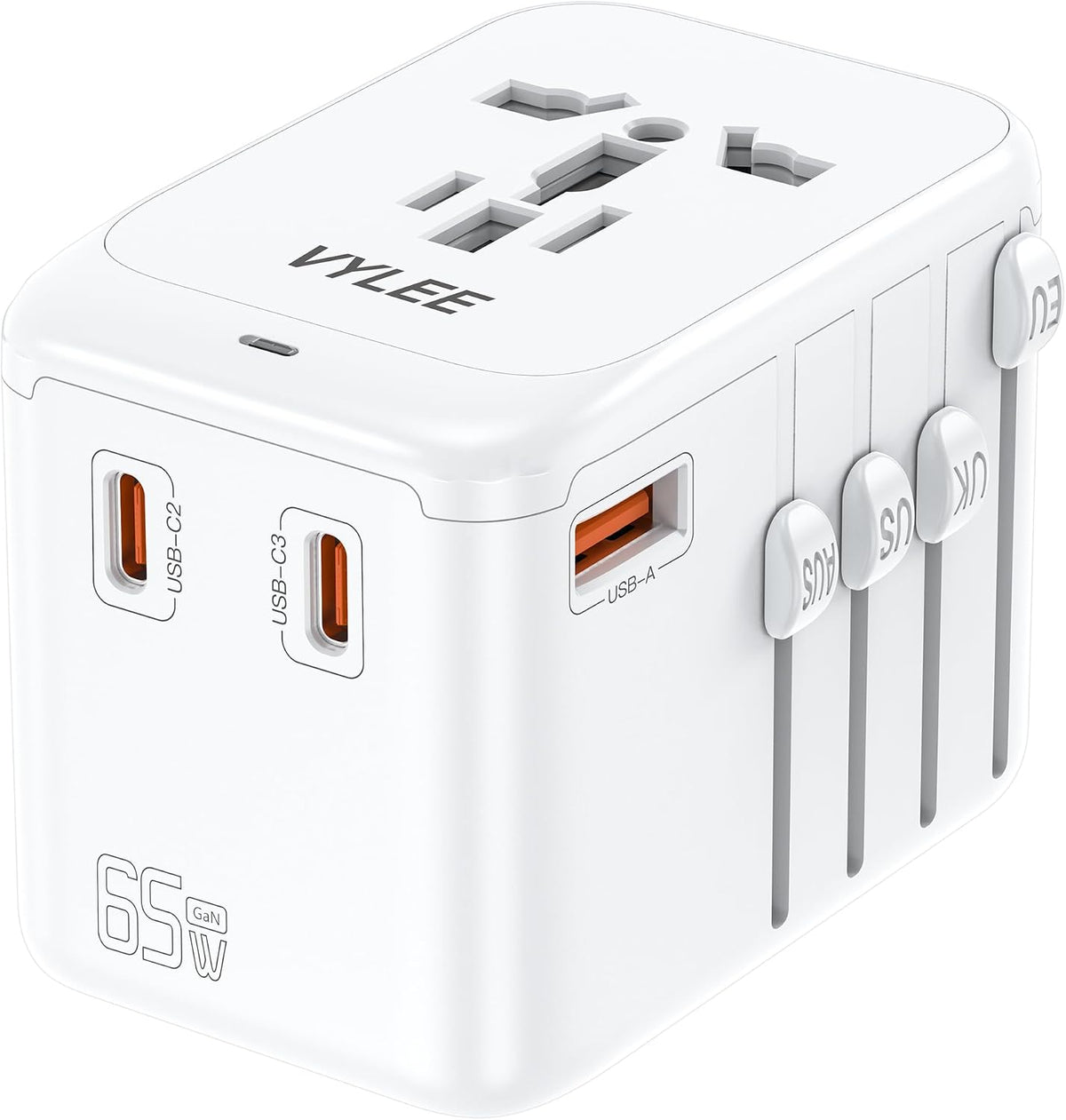 VYLEE 70W GaN International Travel Adapter, Universal Travel Adapter | 3 USB-C & 1 USB-A Ports, Worldwide Wall Charger for US to Europe, UK, Ireland, AU, Asia, Works in 200+ Countries