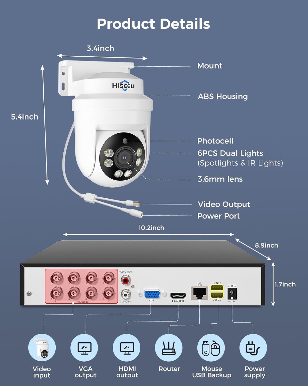 Hiseeu 3K 360°View PTZ Wired Security Camera System with 4PCS Cameras