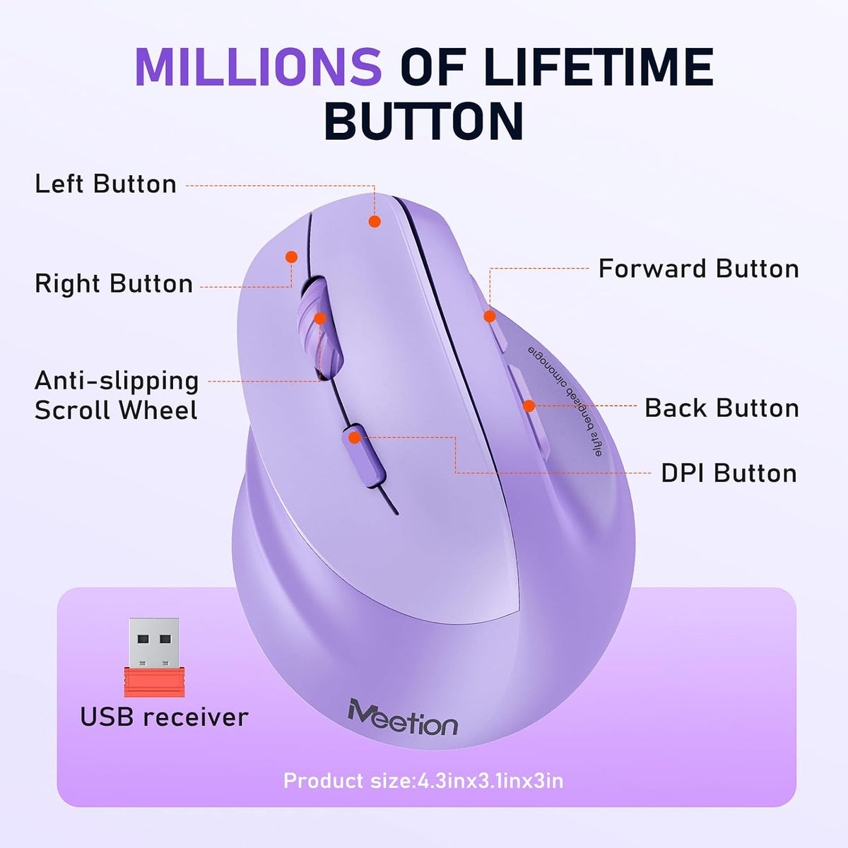 MEETION Left-Handed Wireless Ergonomic Vertical Mouse, Rechargeable -Purple | Dual Bluetooth 5.2/3.0 + USB, RGB lighting, 4 adjustable DPI, compatible with Windows, Mac, PC, iPad and tablets
