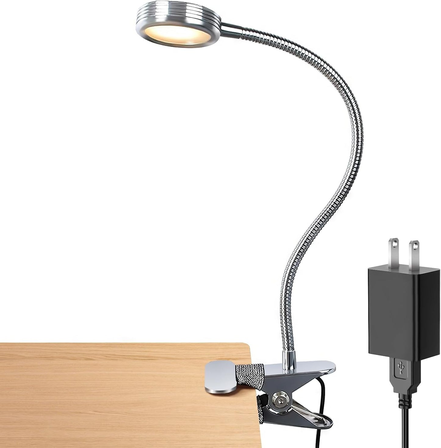 LEPOWER Clip on Light, Book Reading Lamp for Desk, Bed Headboard and Dorm | Adjustable Gooseneck, Color & Brightness Changeable, Adapter Included, LED Table Lamp for Computer, Bedside, Metal, Black