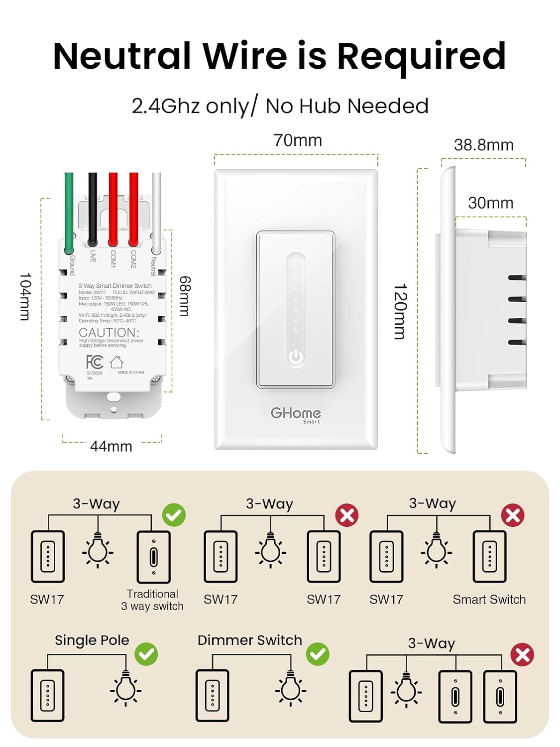 GHome Smart 3 Way Dimmer Switch, Dimmable Light Switch Works with Alexa & Google Home, WiFi 2.4Ghz, Compatible with Traditional 3 Way Switch or Work Seperately, Neutral Wire Required, FCC Certified