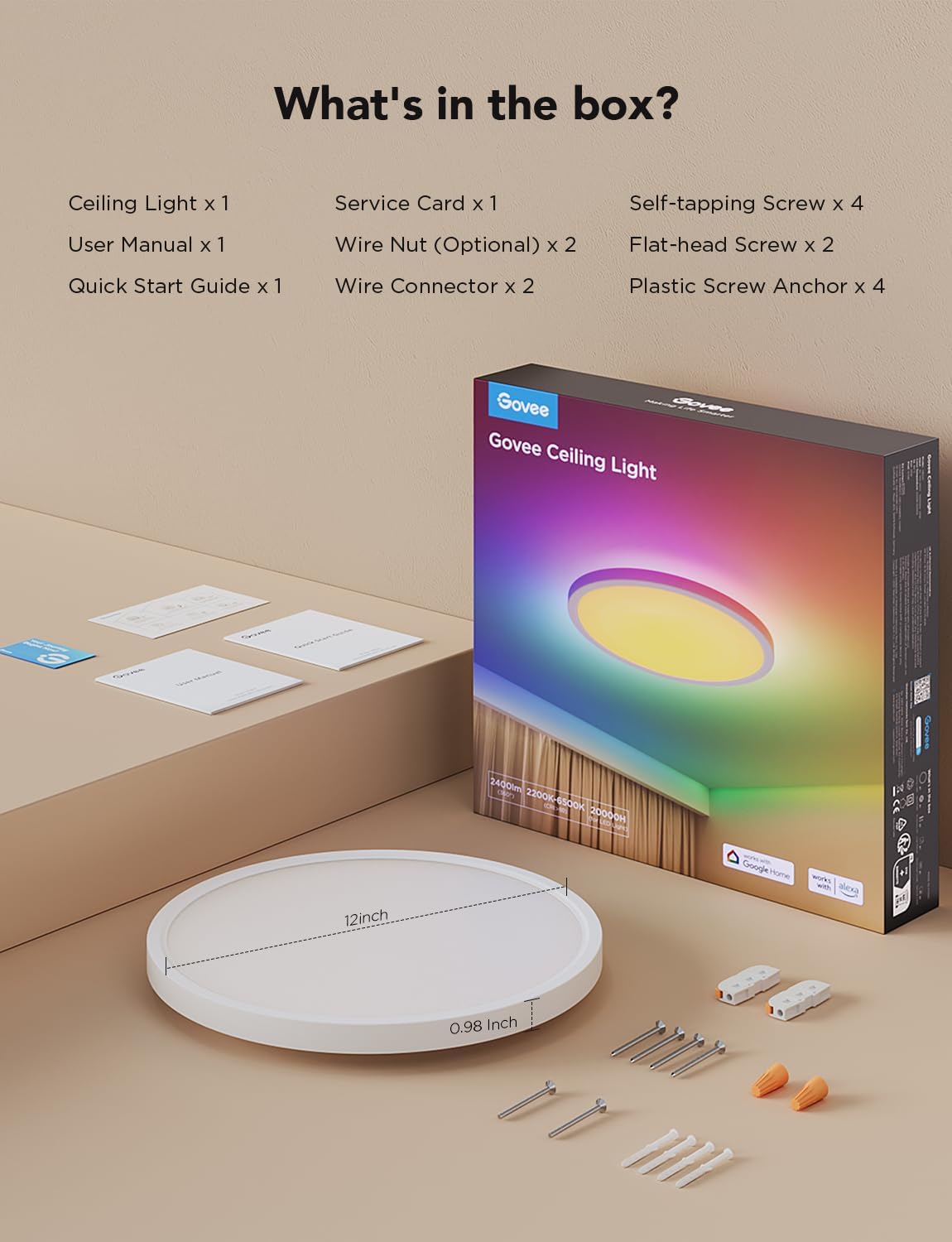 Govee Smart Ceiling Light, RGBIC 2400LM 2700K-6500K 12 Inch 1 Pack White | RGBIC LED Flush Ceiling Light Fixture, 2400LM DIY Colors, Works with Matter Alexa for Bedroom, Living Room