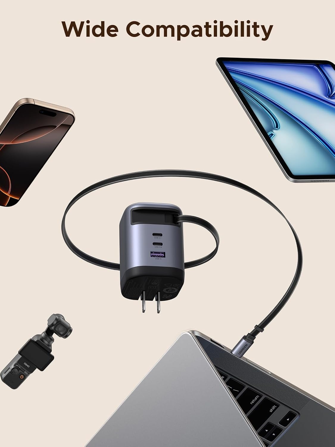 UGREEN Nexode 100W GaN 3-Port USB-C Charger for MacBook & iPhone | Built-in retractable cable, GaN tech, Wall adapter. Powers for laptops, iPhones, DJI drones