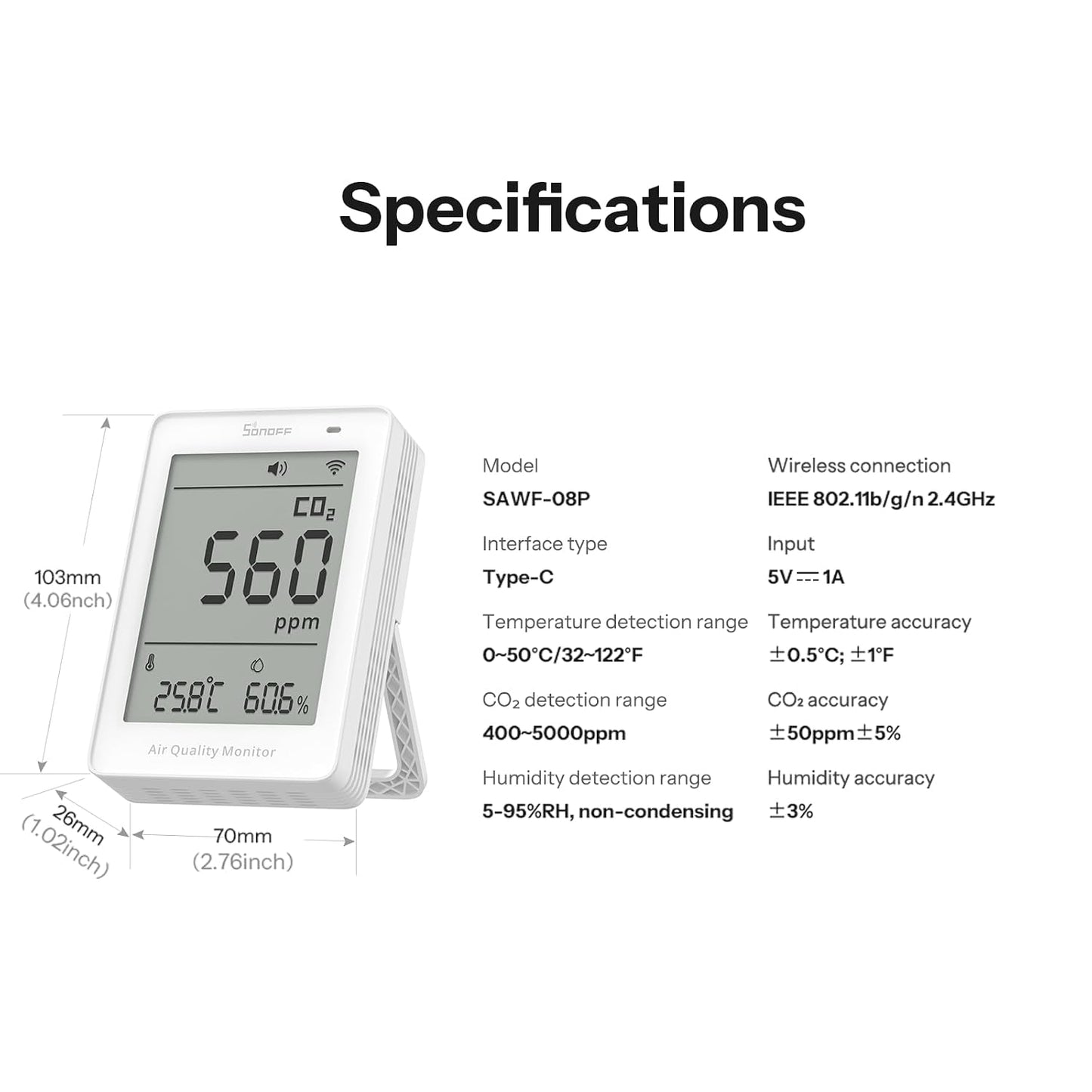 SONOFF AirGuard SAWF-08P, Smart Indoor Air Quality Monitor, Matter Compatible, 2.4GHz WiFi, Carbon Dioxide/Temp/Humidity Monitor, Real-Time Display & Notification, for Indoor Use