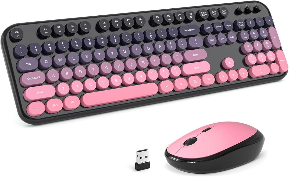 MOFII Wireless Keyboard and Mouse Combo, Full Size 2.4G Plug and Play Typewriter Retro Round Computer Keyboard and Mouse Set for Windows, Computer, Desktop, PC, Notebook - (Black Green Gradient)