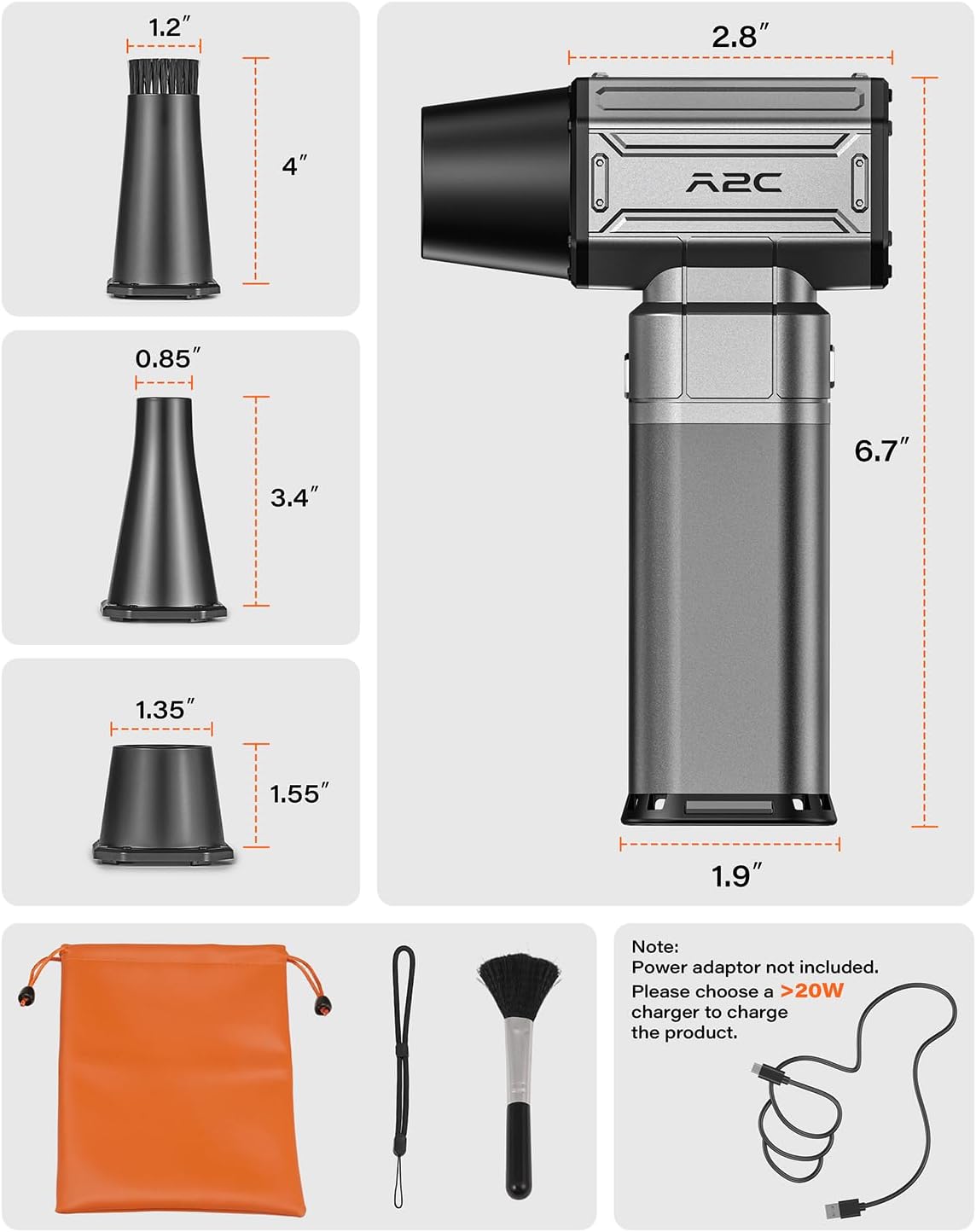 A2C Cordless Mini Air Blower - Upgraded 40mm Motor, 450g Powerful Airflow | Compressed Electric Air Duster, Rechargeable & 4-Gear Adjustable Snow Blower for Car/House/Outdoor/Keyboard/Computer/PC