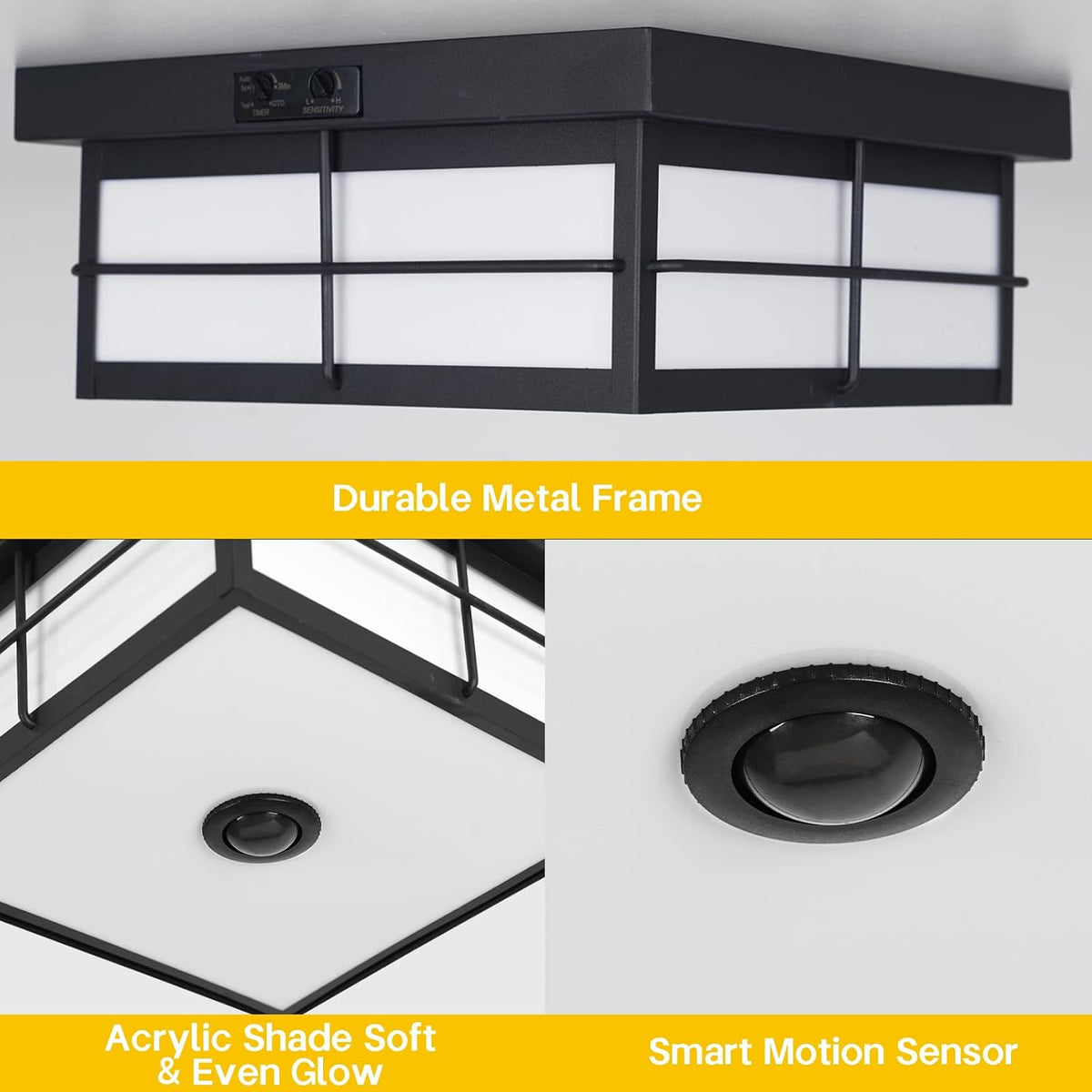24W LED Motion Sensor Outdoor Ceiling Light, Smart Square Flush Mount Fixture, 3CCT Selectable Dusk to Dawn Porch Light for Garage, Entryway, Patio, Modern Farmhouse Black