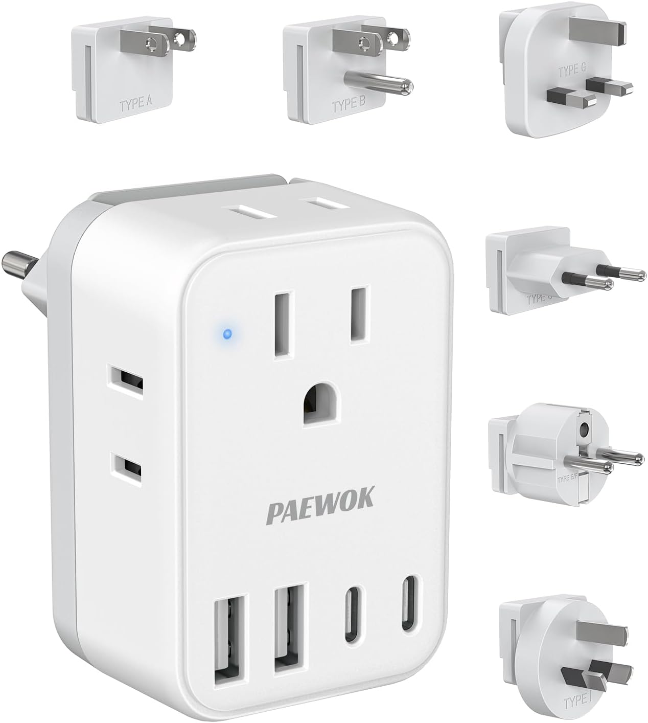 PAEWOK Travel Adapter Set with Type G/C/M/D Detachable Plug | European Travel Plug Adapter, 4 AC Outlets 4 USB Ports (2 USB C), US to UK/EU/South Africa/India, Universal Travel Adapter