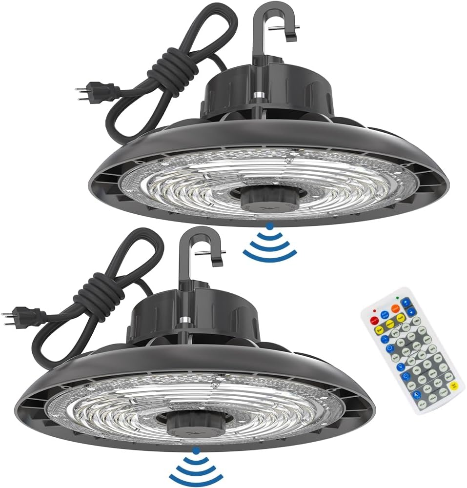 HYPERLITE UFO LED High Bay Light with Motion Sensor 21000LM, 150W Smart High Bay LED Lights with Remote Control, 120-277V IP65 Waterproof High Bay Shop Light for Shop Barn Warehouse