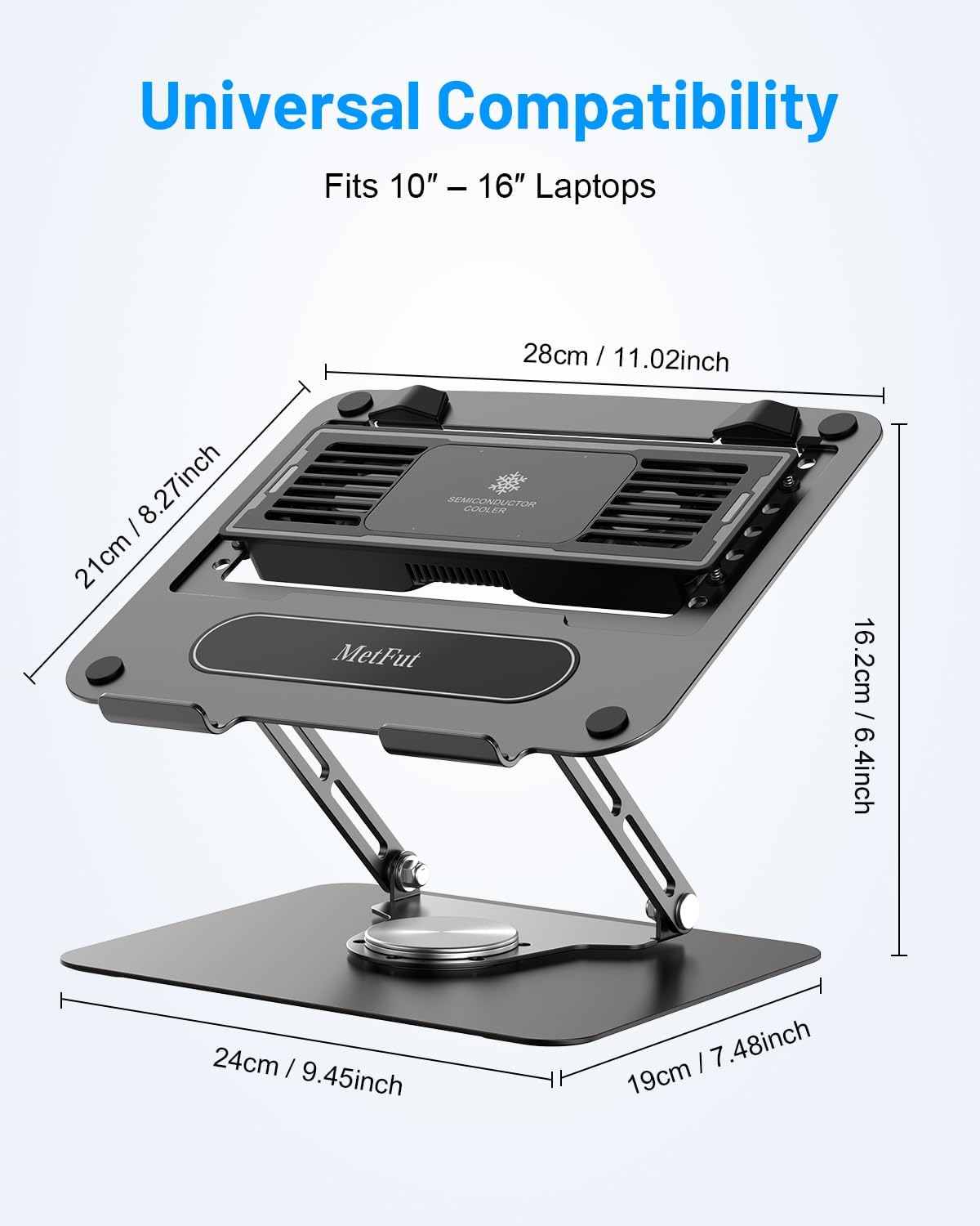 Metfut Laptop Cooling Pad with Detachable Fan & Cooler, Adjustable Height & Angle, 360 Rotation Base, Ultra-Quiet, Carbon Steel Framework for MacBook, ASUS, Dell 10-16” Laptop for Tablet, DJ Mixer