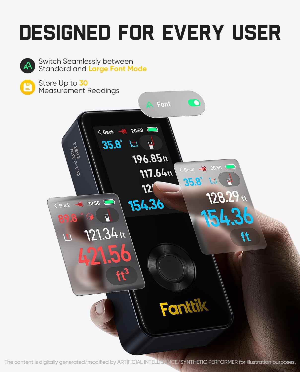 Fanttik Neo A11 Pro Laser Measure, Touch Screen, Angle Sensor, Bubble Level | 165Ft Laser Measuring Tool, Color Display, Distance Area Volume Measuremen, Data Storage, Type-C Rechargeable for Home DIY