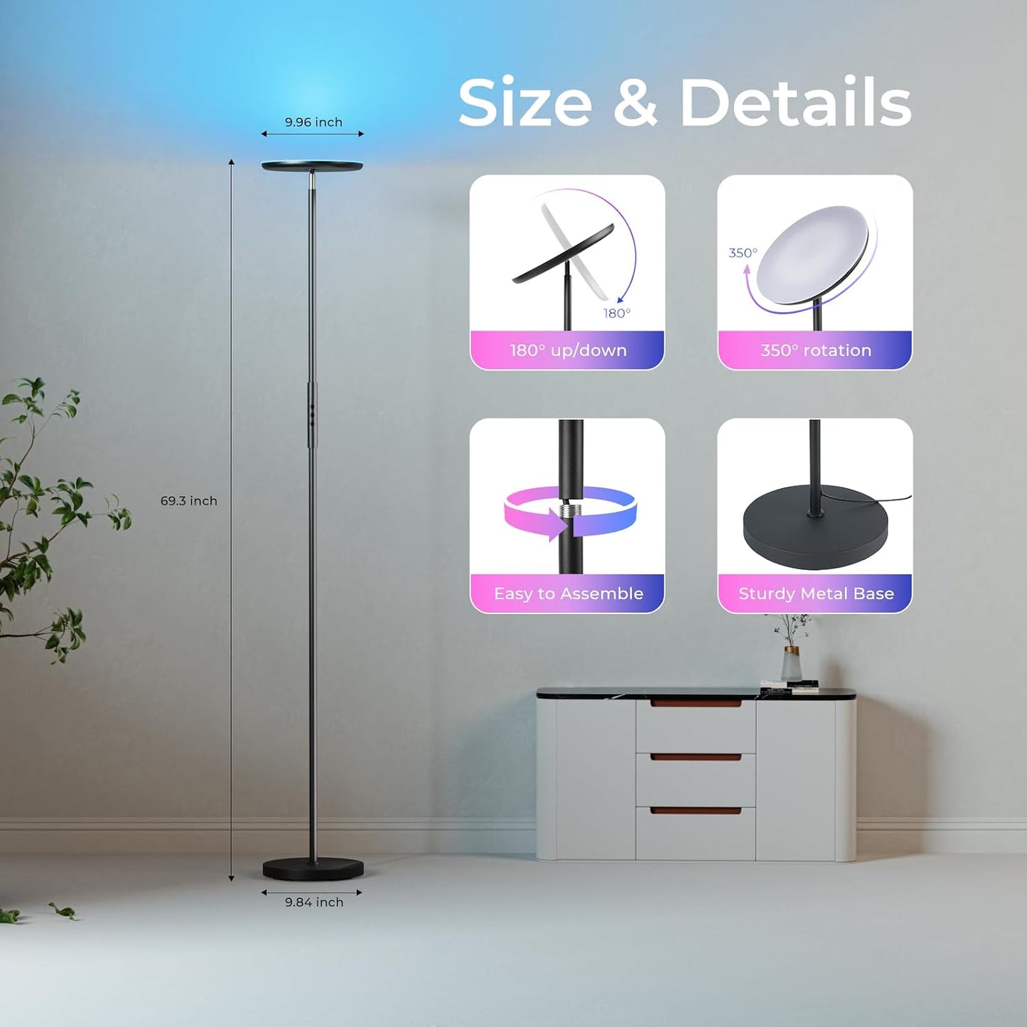 Floor Lamp, RGBWW Smart Standing Lamps for Living Room, App & Voice Control