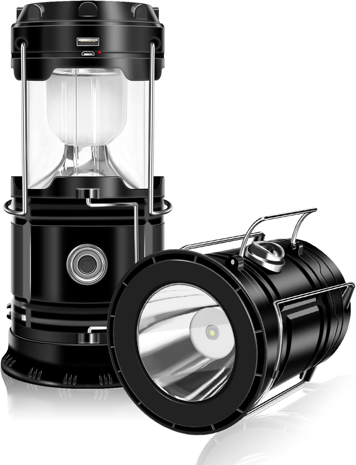 DIBMS 4-Pack Solar Camping Lantern, Collapsible Flashlight Emergency Lights | LED Solar USB Rechargeable Lamp Folding Tent Hanging Lights Survival Kits for Hurricanes Power Outages Indoor Outdoor (Black)