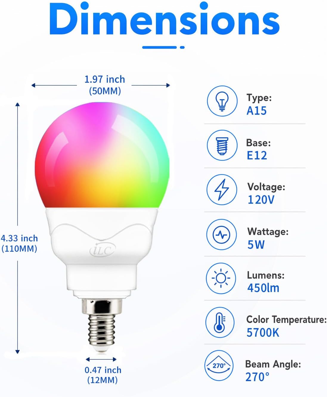 ILC E12 LED Light Bulbs (40w Equivalent) 5W, Color Changing RGB, 5700K Daylight White, Small Base Candelabra Round Light Bulb, A15 Candle Base, 12 Colors 2 Modes Timing with Remote Control (4 Pack)