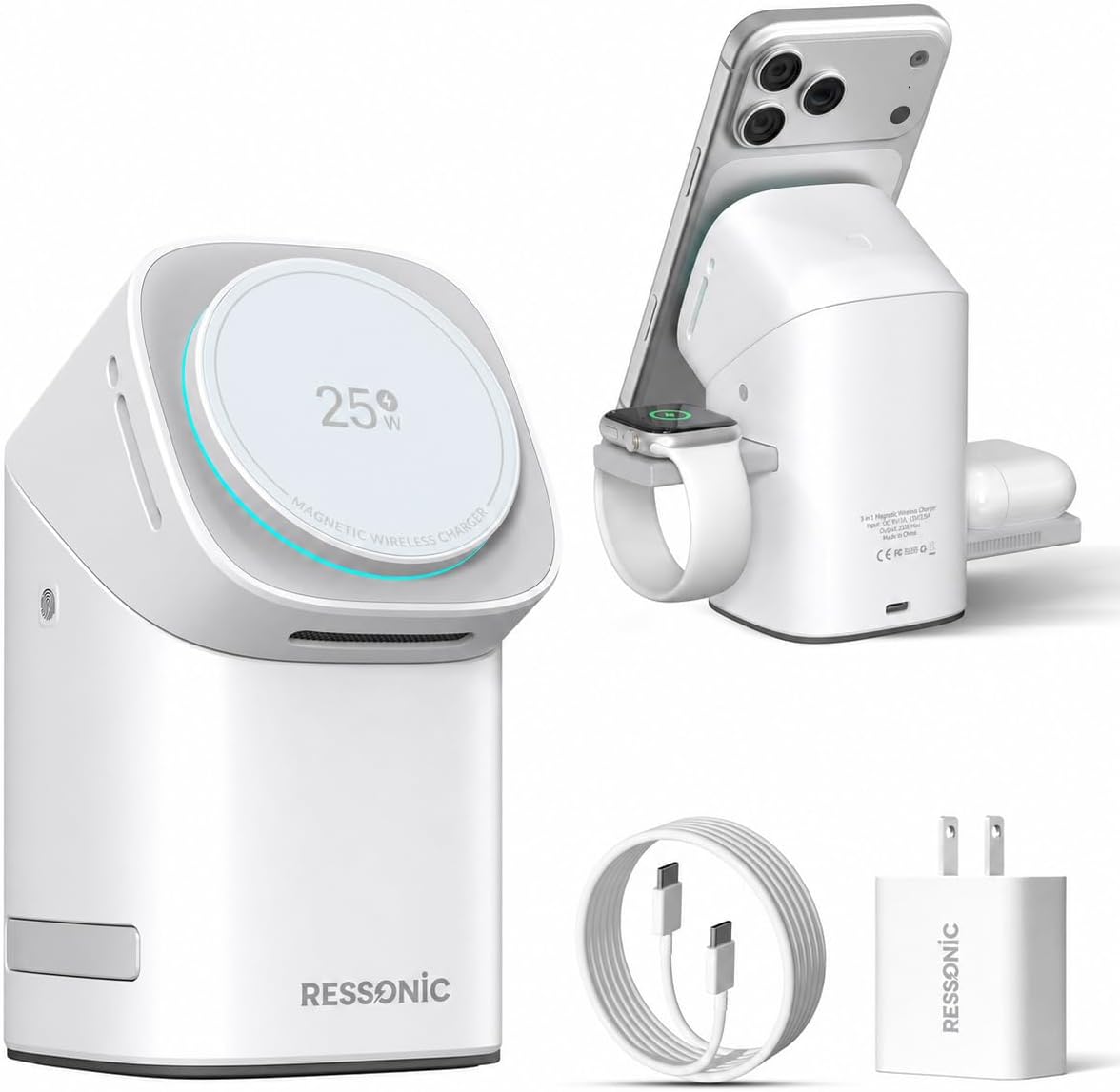 25W 3 in 1 Wireless Charging Station for Apple&Samsung, Desk Night Stand | Includes 45W Adapter, Wireless Charger for MagSafe iPhone 17/16/15/14/13/12, Galaxy S25/S24/S23/S22, AirPods & Watch